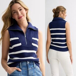 Sonoma Navy Stripe Quarter Zip Sweater Vest Small Coastal Preppy Cotton Knit